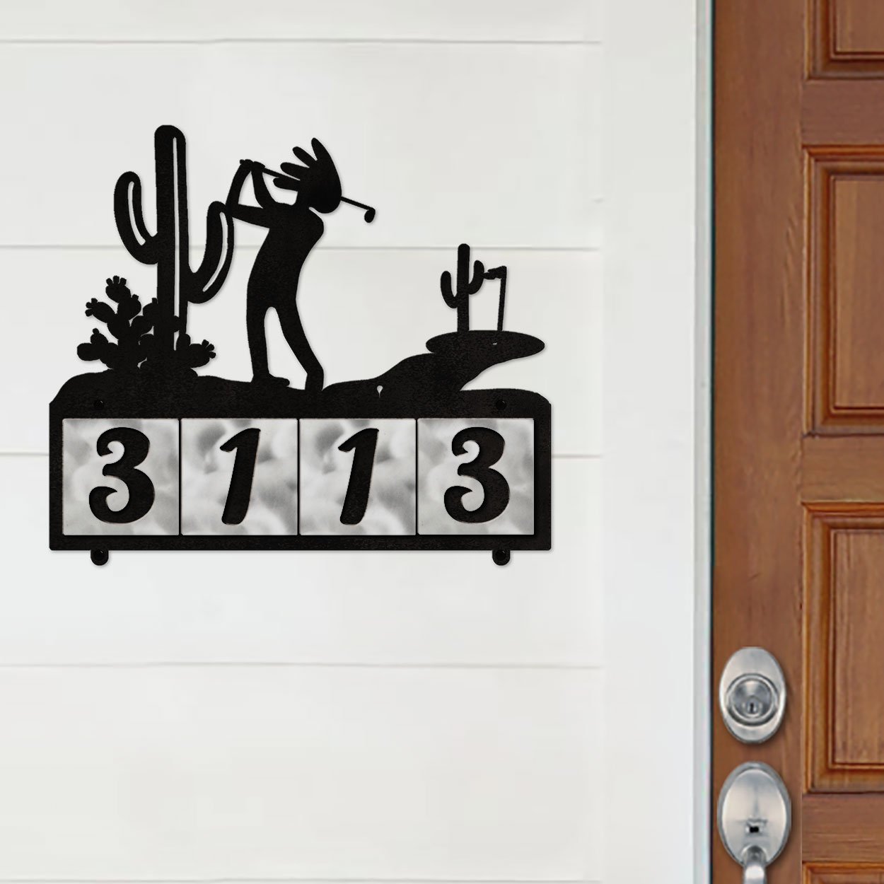 607134 - Kokopelli Desert Golfer Design 4-Digit Horizontal 4-inch Tile Outdoor House Numbers
