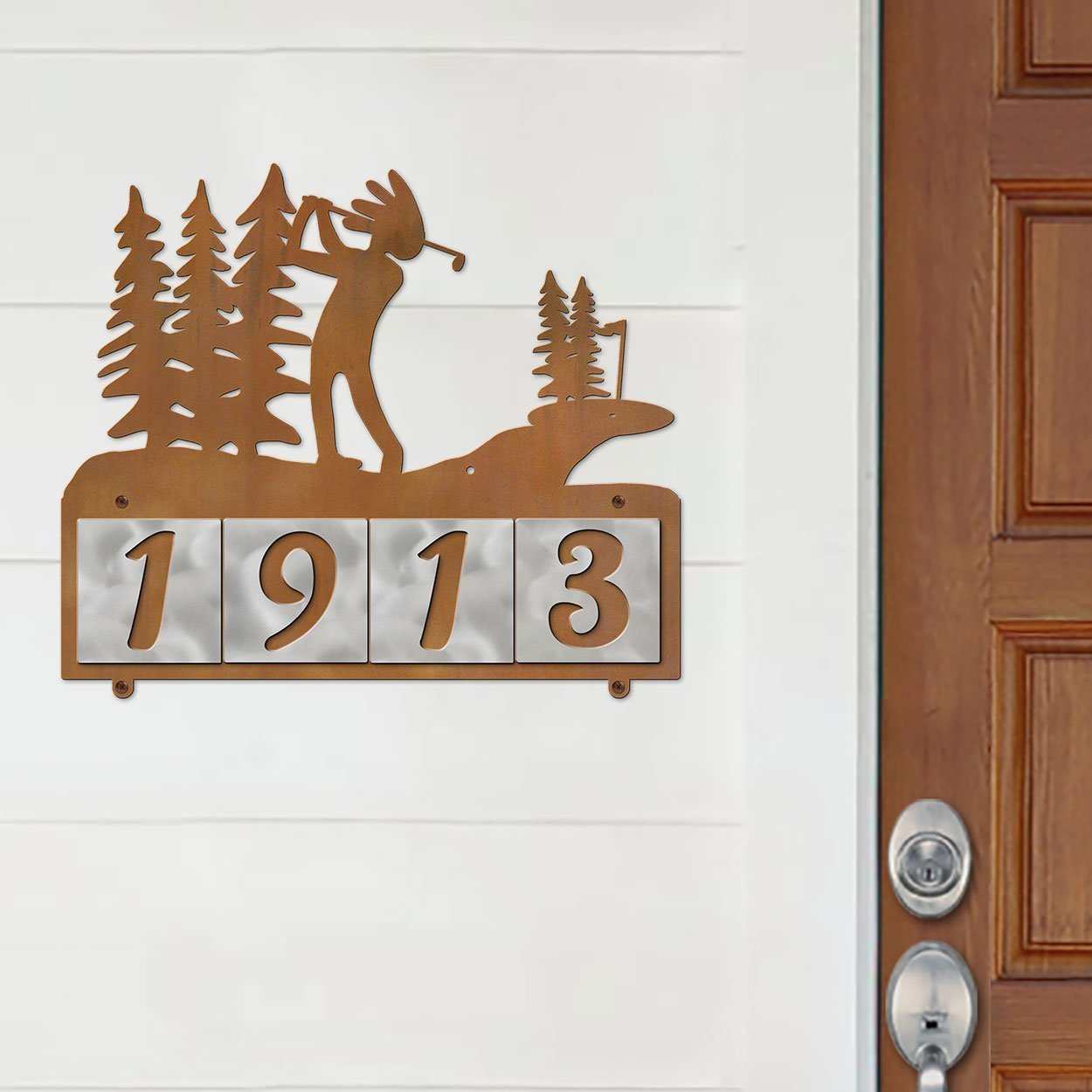 607144 - Kokopelli Golfer in the Woods Design 4-Digit Horizontal 4-inch Tile Outdoor House Numbers