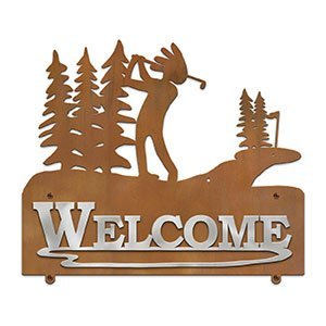 607148 - Kokopelli Golfer in the Woods Design Horizontal Metal Welcome Wall Plaque