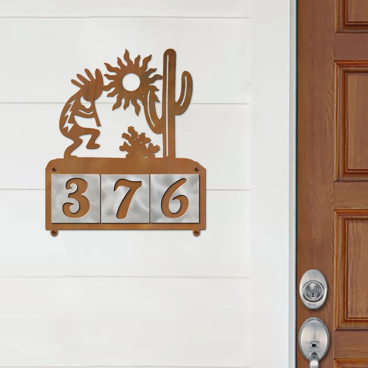 607153 - Kokopelli Desert Scene Design 3-Digit Horizontal 4-inch Tile Outdoor House Numbers