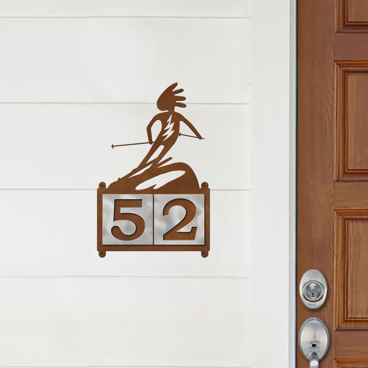 607162 - Kokopelli Alpine Skier Design 2-Digit Horizontal 4-inch Tile Outdoor House Numbers