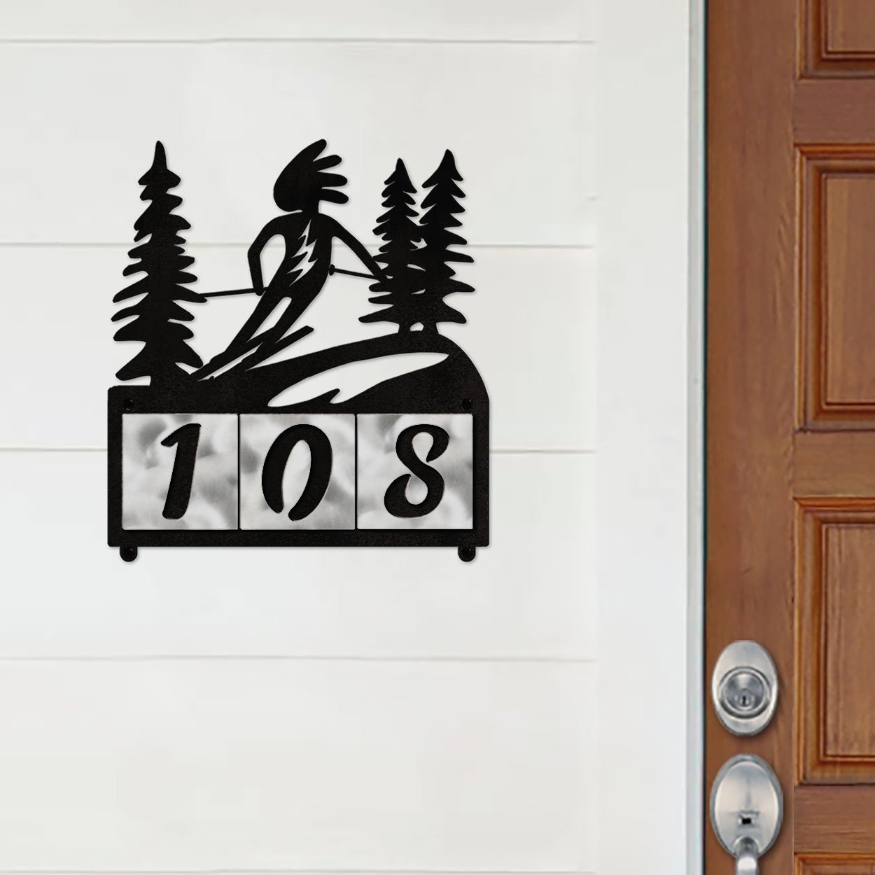 607163 - Kokopelli Alpine Skier Design 3-Digit Horizontal 4-inch Tile Outdoor House Numbers