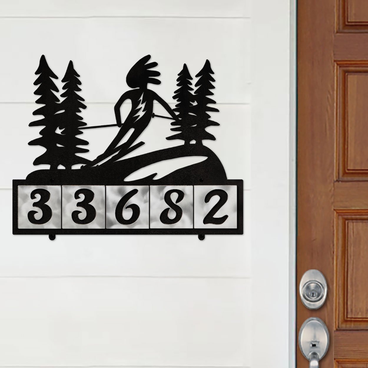 607165 - Kokopelli Alpine Skier Design 5-Digit Horizontal 4-inch Tile Outdoor House Numbers