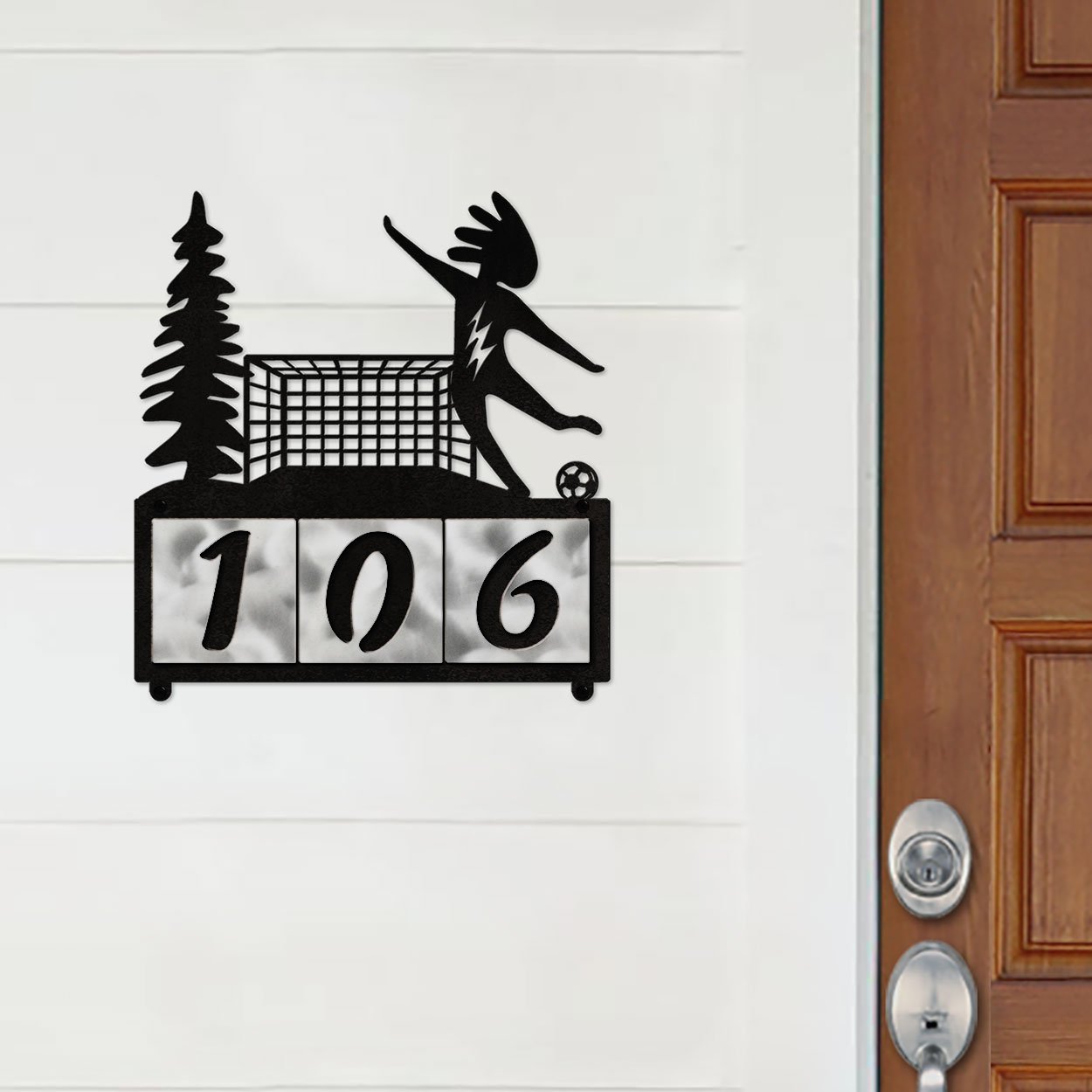 607183 - Kokopelli Lone Soccer Player Design 3-Digit Horizontal 4-inch Tile Outdoor House Numbers