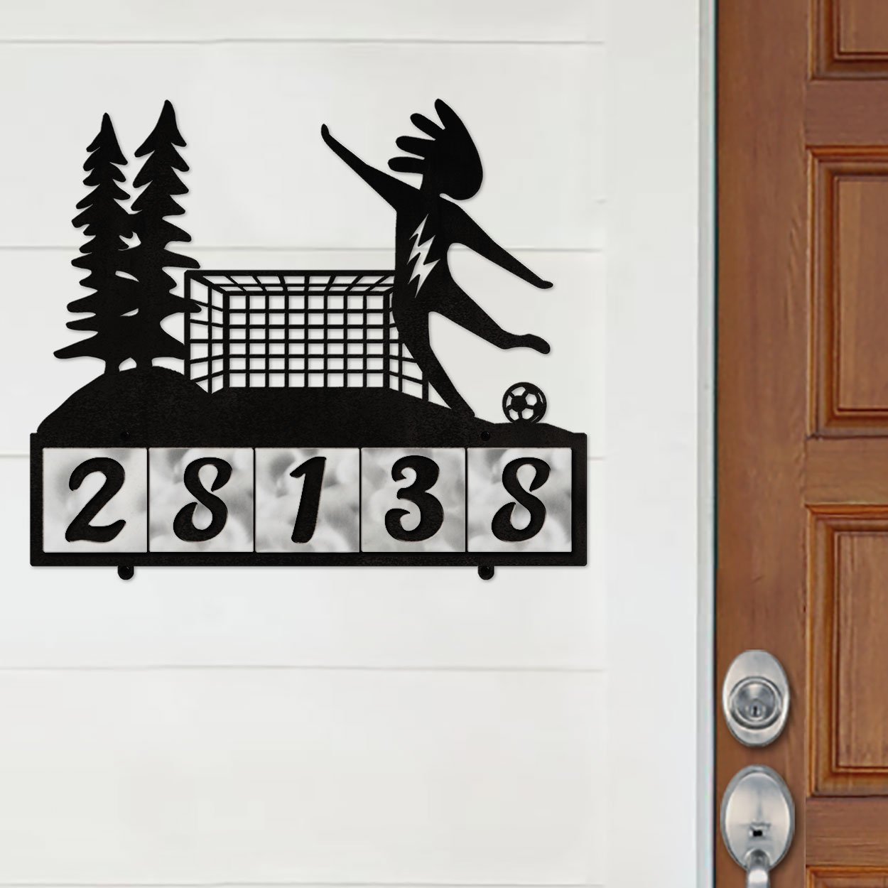 607185 - Kokopelli Lone Soccer Player Design 5-Digit Horizontal 4-inch Tile Outdoor House Numbers