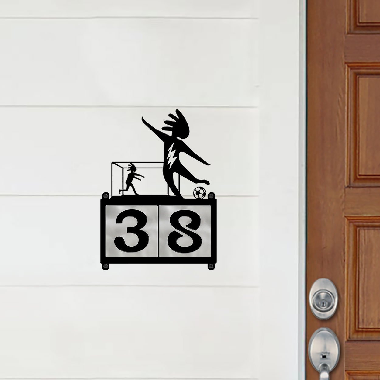 607192 - Kokopelli Soccer Player and Goalie Design 2-Digit Horizontal 4-inch Tile Outdoor House Numbers