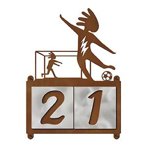 607192 - Kokopelli Soccer Player and Goalie Design 2-Digit Horizontal 4-inch Tile Outdoor House Numbers