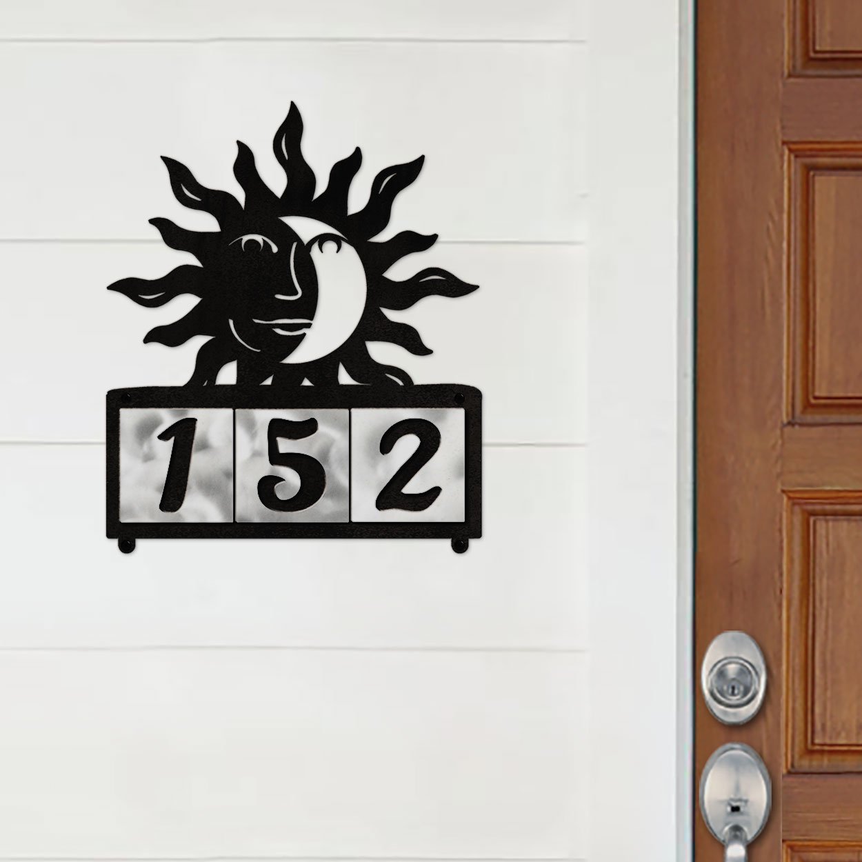 607243 - Happy Sun-Moon Design 3-Digit Horizontal 4-inch Tile Outdoor House Numbers