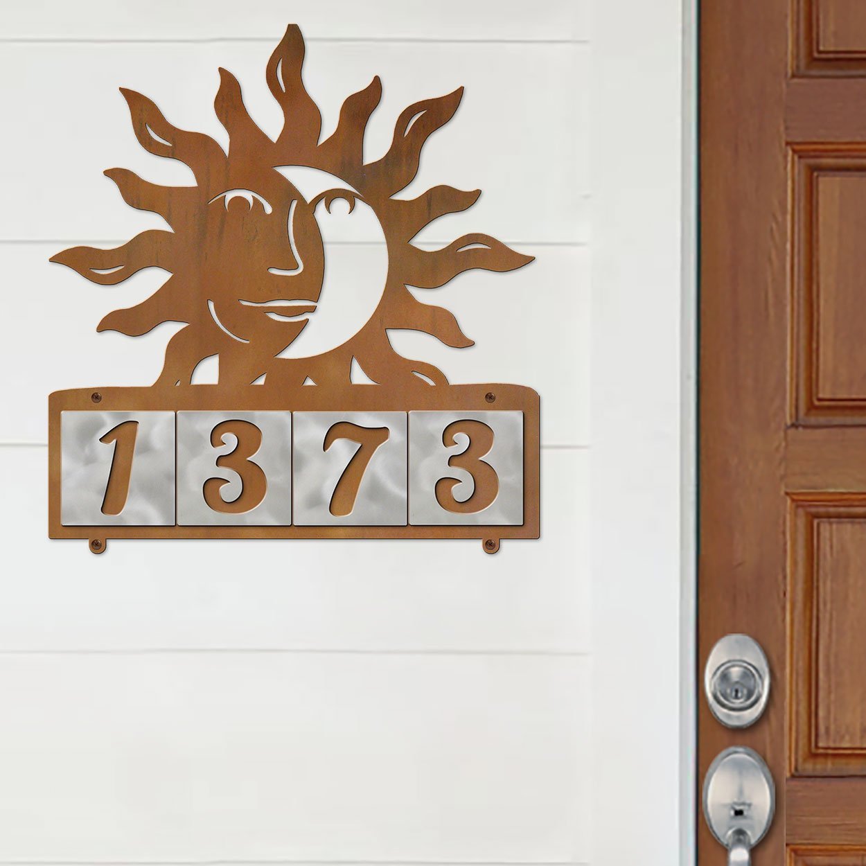 607244 - Happy Sun-Moon Design 4-Digit Horizontal 4-inch Tile Outdoor House Numbers