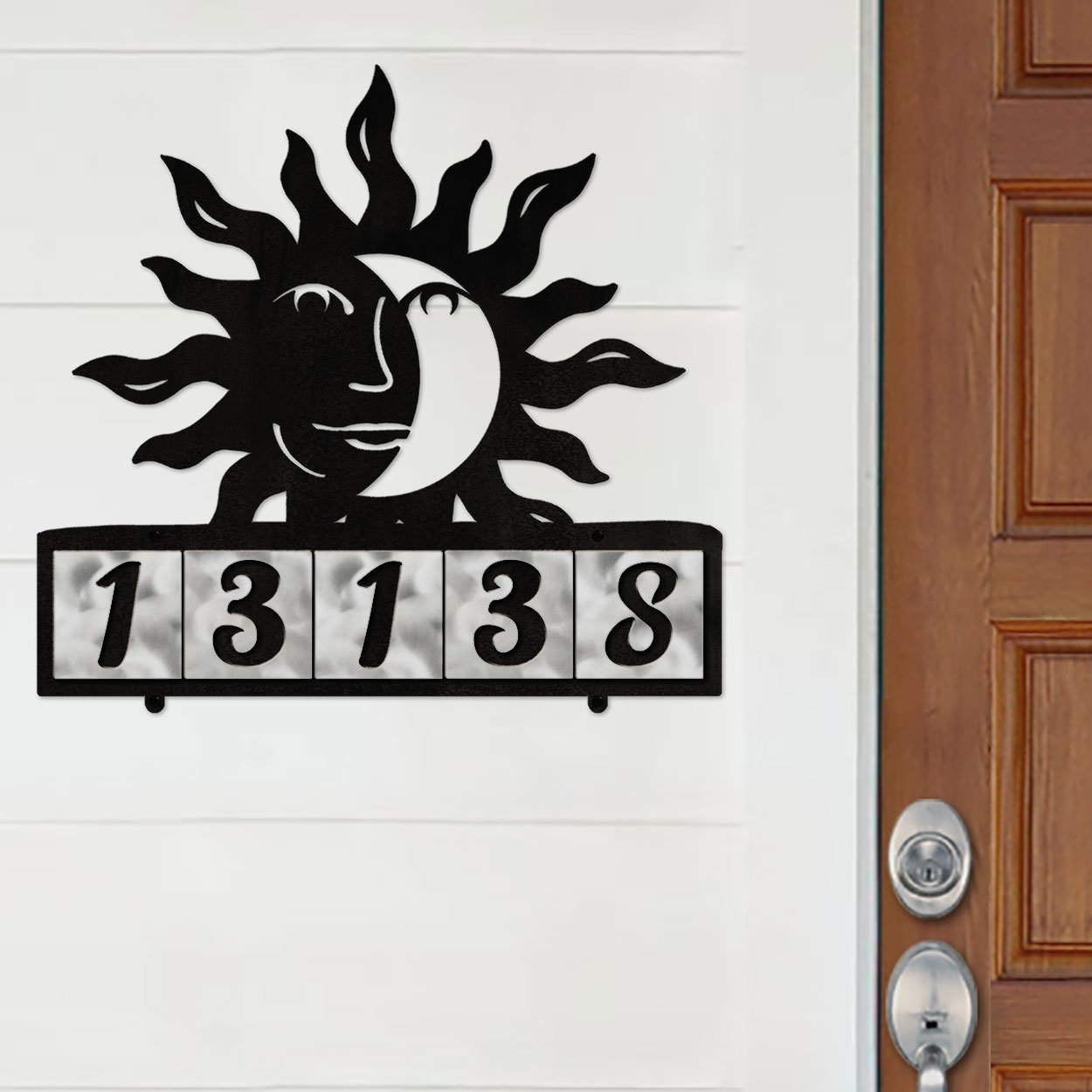 607245 - Happy Sun-Moon Design 5-Digit Horizontal 4-inch Tile Outdoor House Numbers