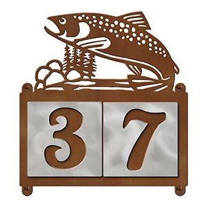 607252 - Jumping Trout in Stream Design 2-Digit Horizontal 4-inch Tile Outdoor House Numbers