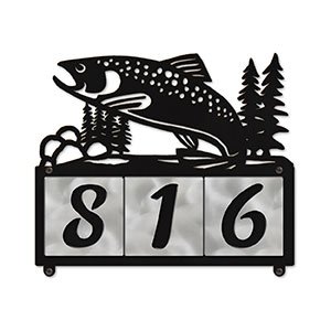 607253 - Jumping Trout in Stream Design 3-Digit Horizontal 4-inch Tile Outdoor House Numbers