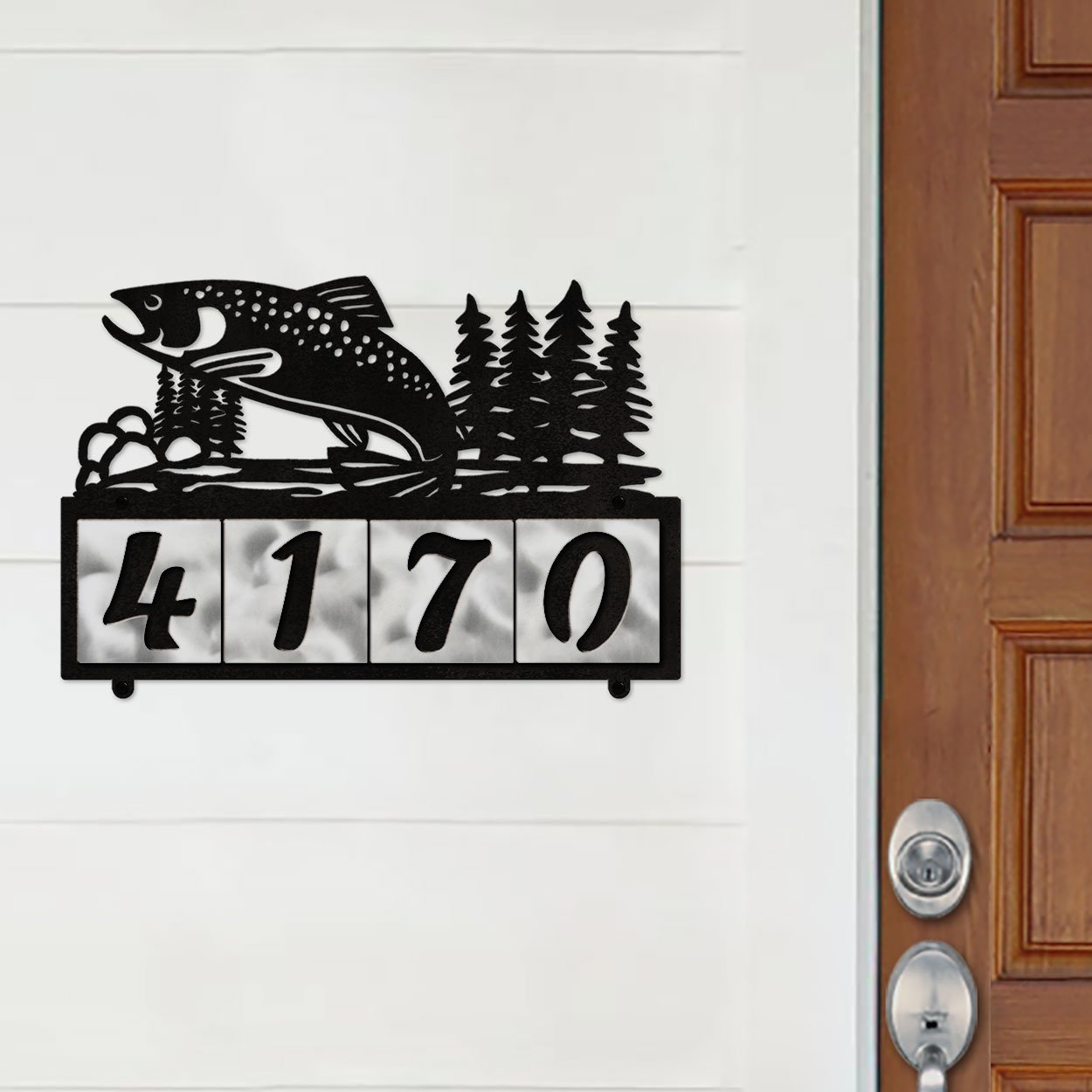 607254 - Jumping Trout in Stream Design 4-Digit Horizontal 4-inch Tile Outdoor House Numbers