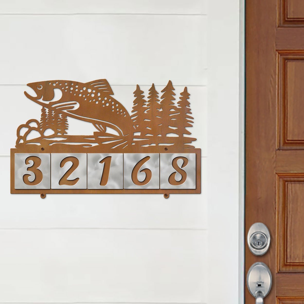 607255 - Jumping Trout in Stream Design 5-Digit Horizontal 4-inch Tile Outdoor House Numbers