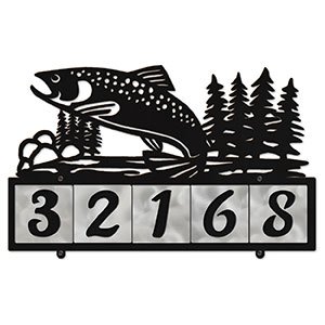607255 - Jumping Trout in Stream Design 5-Digit Horizontal 4-inch Tile Outdoor House Numbers