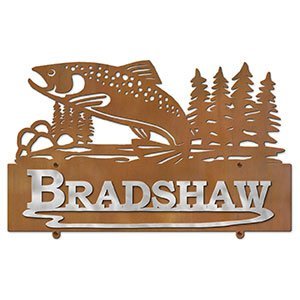 607257 - Jumping Trout in Stream Design Horizontal Metal Custom Name Wall Plaque