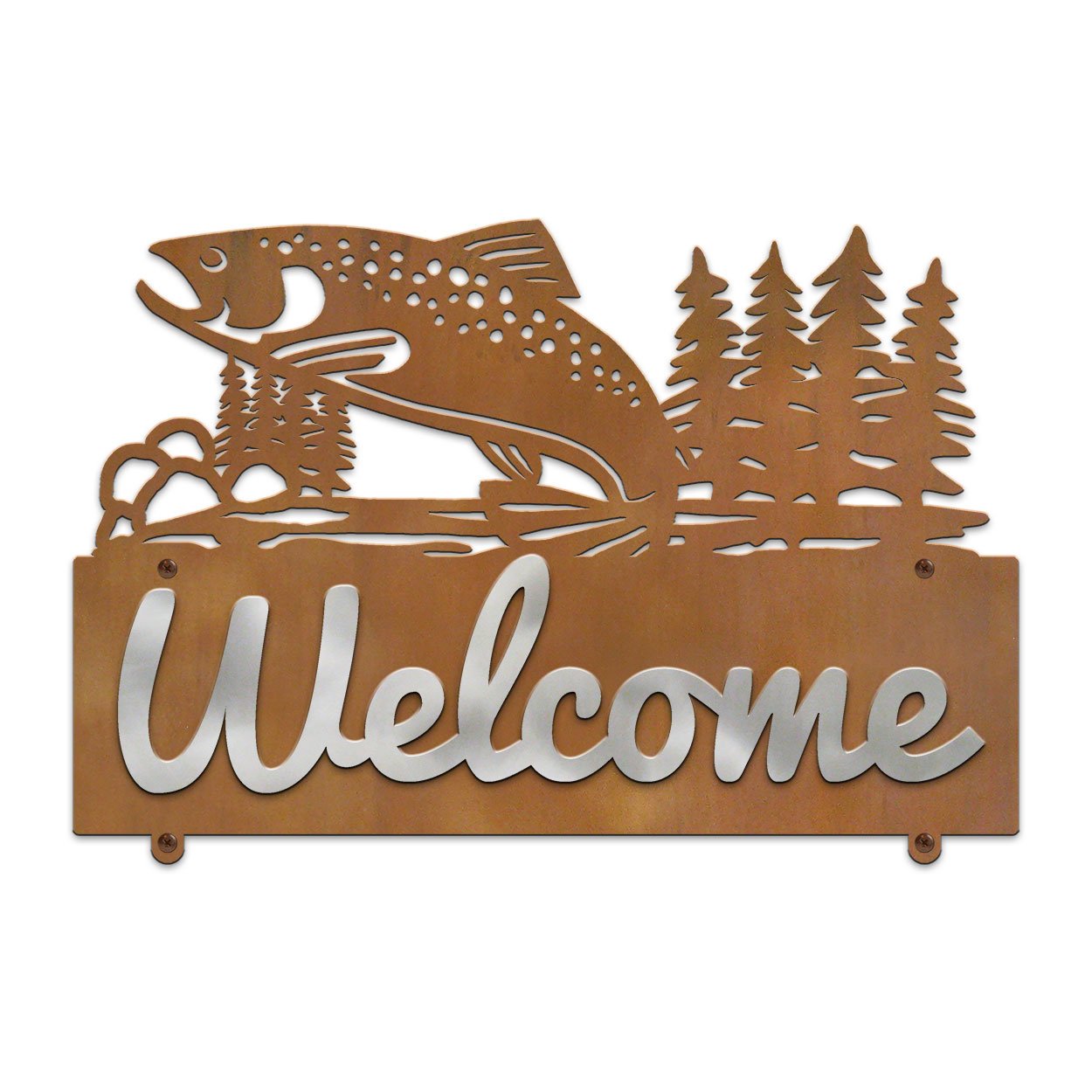 607258 - Jumping Trout in Stream Design Horizontal Metal Welcome Wall Plaque