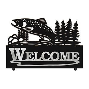 607258 - Jumping Trout in Stream Design Horizontal Metal Welcome Wall Plaque