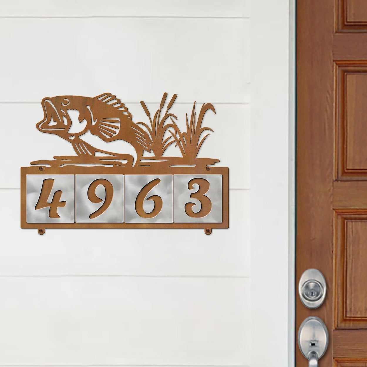 609004 - XL Jumping Bass in Reeds Design 4-Digit Horizontal 6in Tile Outdoor House Numbers