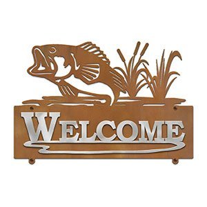 609008 - 25in W Jumping Bass in Reeds Design Horizontal Metal Welcome Wall Sign