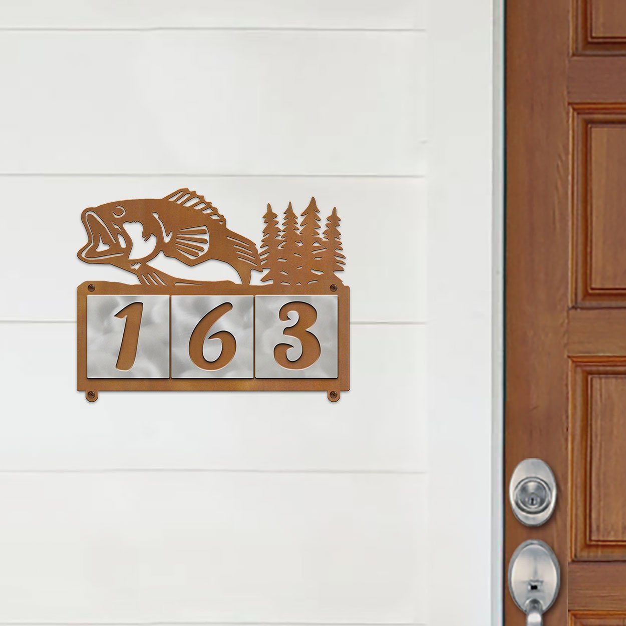 609013 - XL Jumping Bass with Trees Design 3-Digit Horizontal 6in Tile Outdoor House Numbers