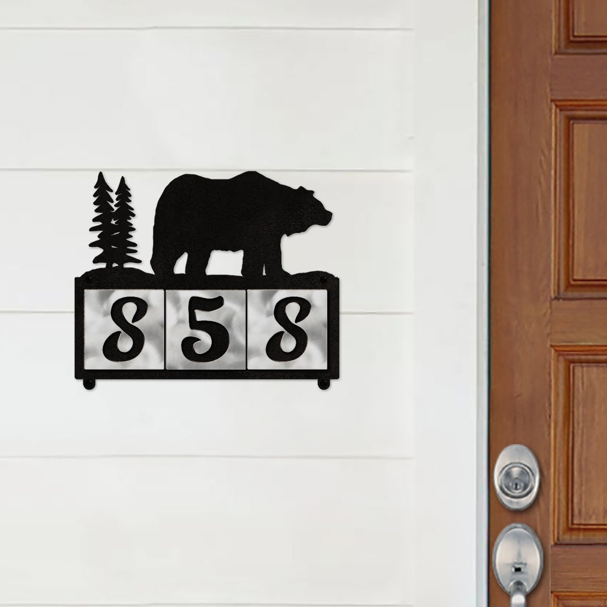 609023 - XL Bear in the Woods Design 3-Digit Horizontal 6in Tile Outdoor House Numbers