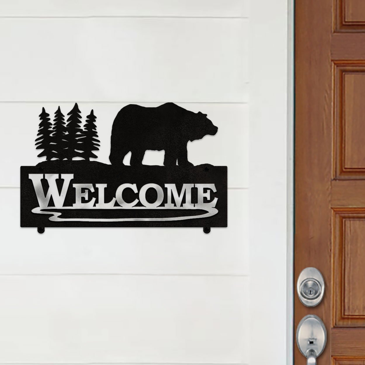 609028 - 25in W Bear in the Woods Design Horizontal Metal Welcome Wall Sign