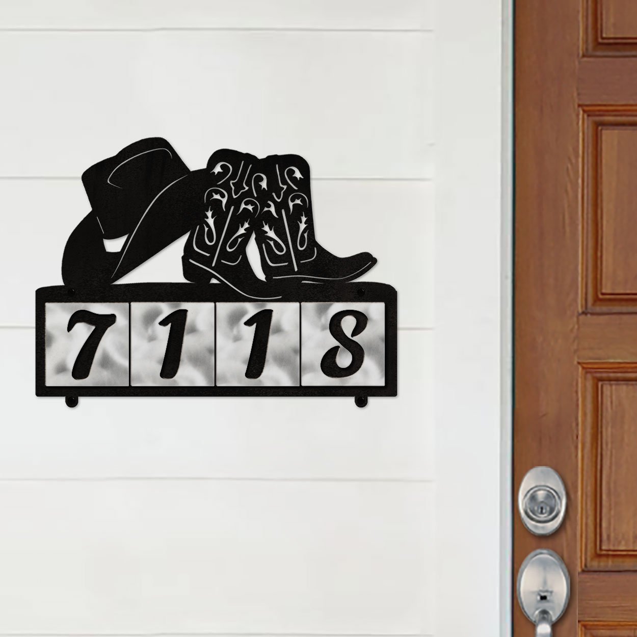 609034 - XL Cowboy Hat and Boots Design 4-Digit Horizontal 6in Tile Outdoor House Numbers