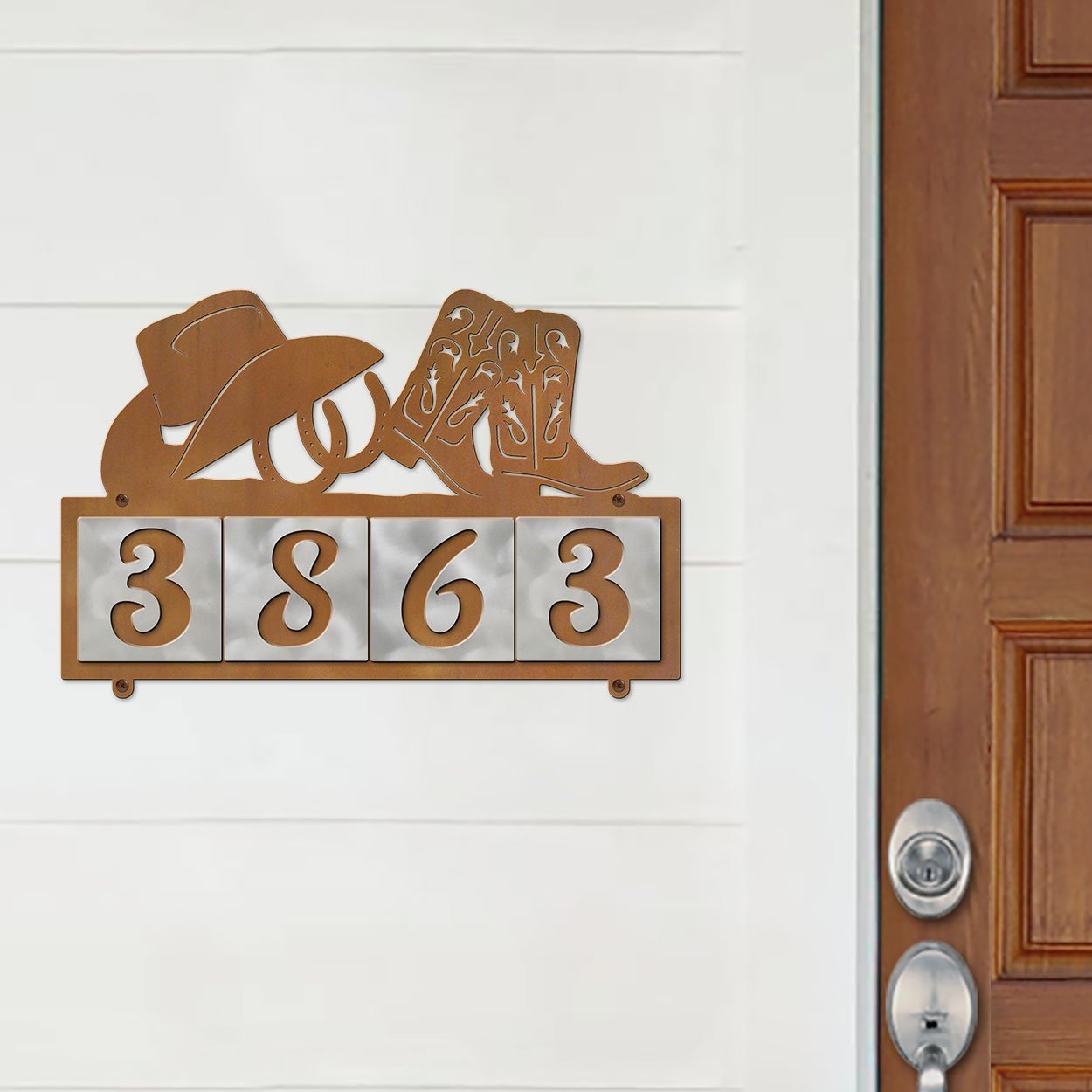 609044 - XL Cowboy Boots with Hat and Horseshoes Design 4-Digit Horizontal 6in Tile Outdoor House Numbers