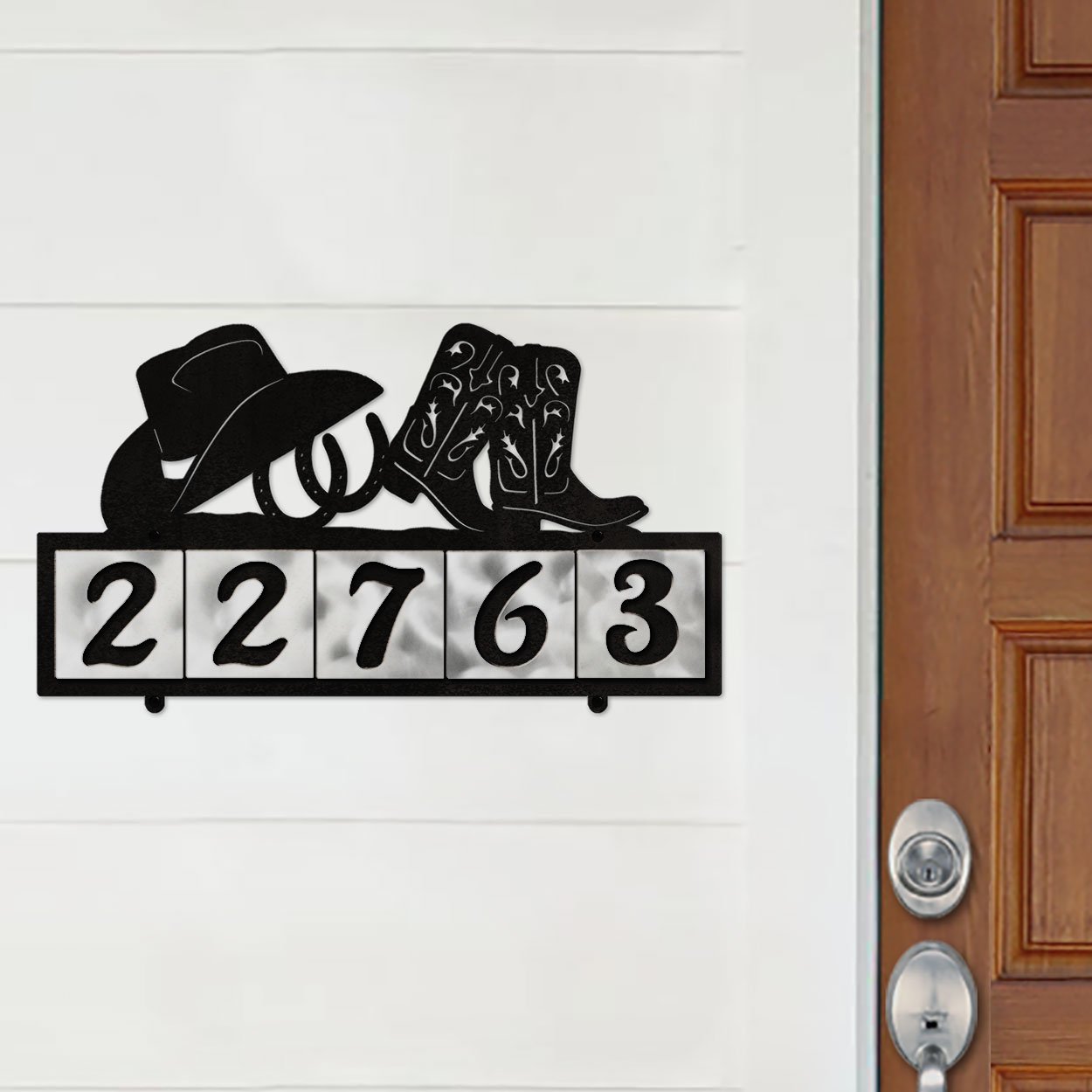 609045 - XL Cowboy Boots with Hat and Horseshoes Design 5-Digit Horizontal 6in Tile Outdoor House Numbers