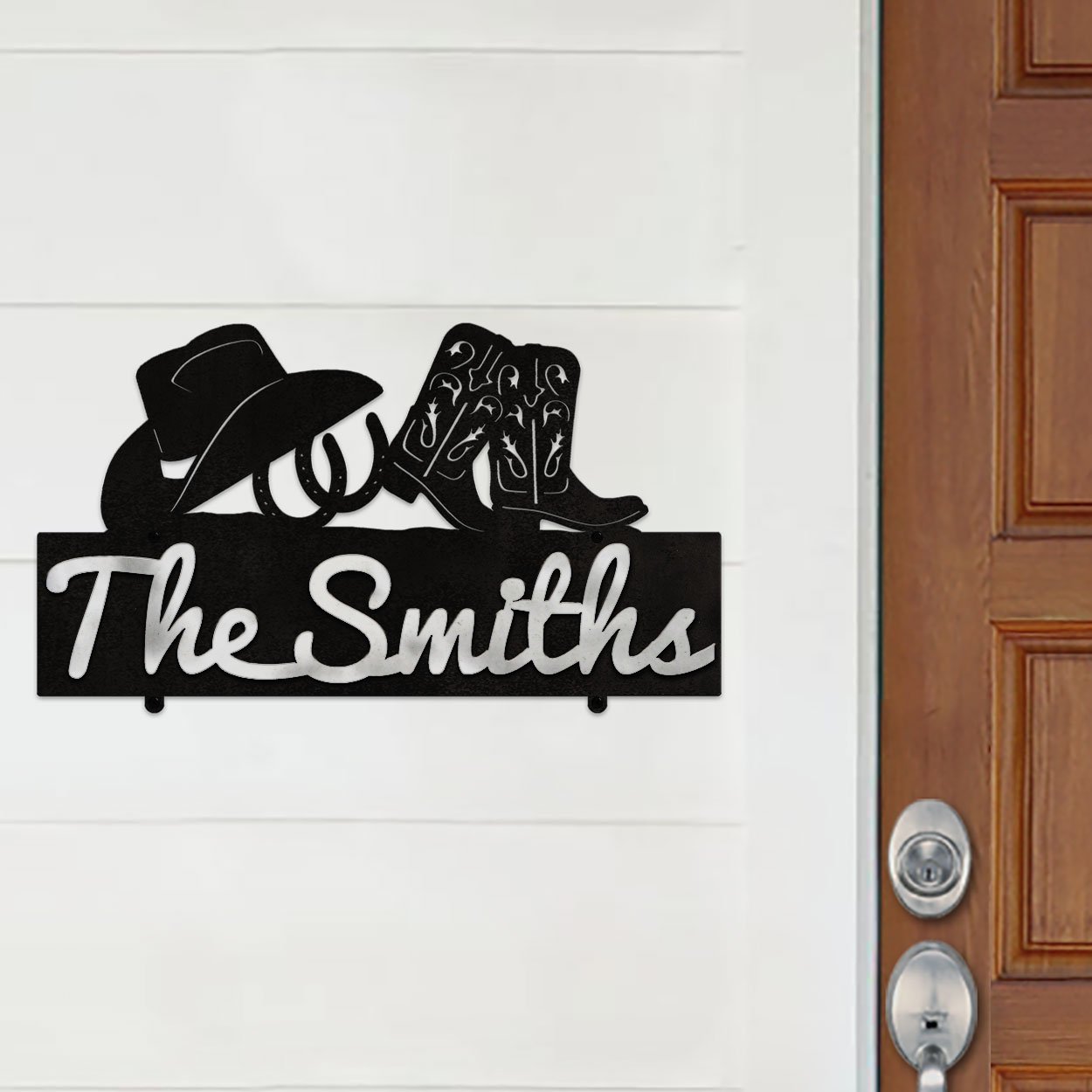 609047 - 31in W Cowboy Boots with Hat and Horseshoes Design Horizontal Metal Custom Text Wall Sign