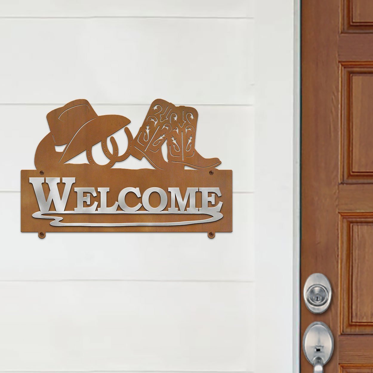 609048 - 25in W Cowboy Boots with Hat and Horseshoes Design Horizontal Metal Welcome Wall Sign