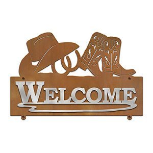 609048 - 25in W Cowboy Boots with Hat and Horseshoes Design Horizontal Metal Welcome Wall Sign