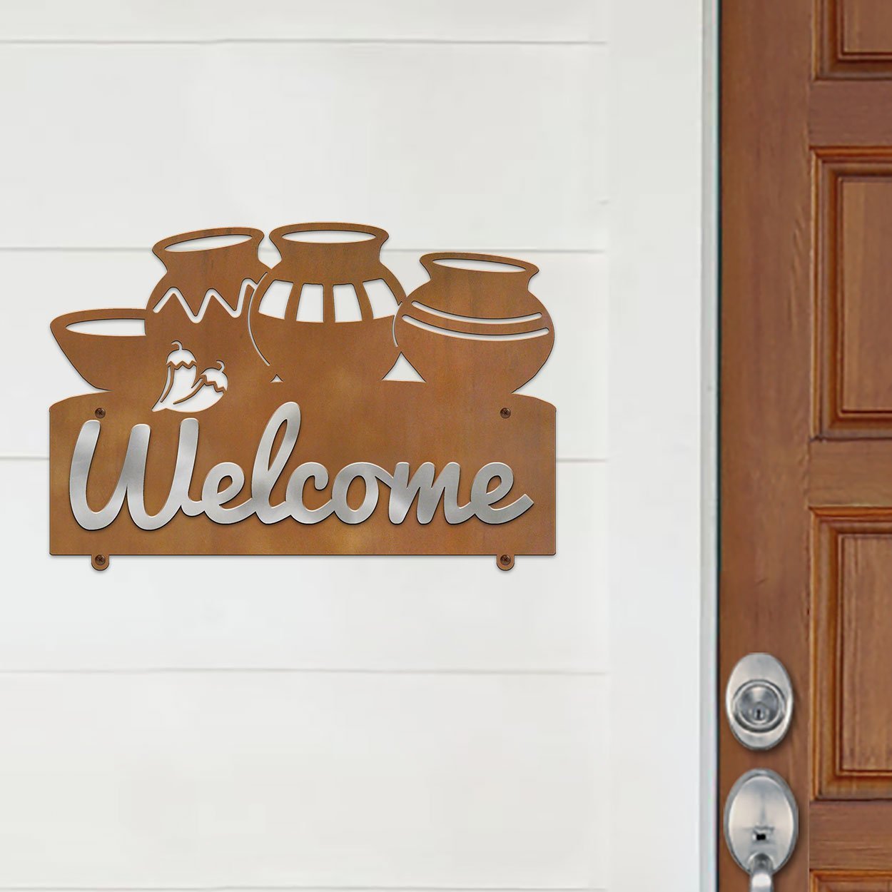 609058 - 25in W Four Pots with Chilies Design Horizontal Metal Welcome Wall Sign