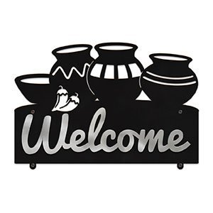609058 - 25in W Four Pots with Chilies Design Horizontal Metal Welcome Wall Sign