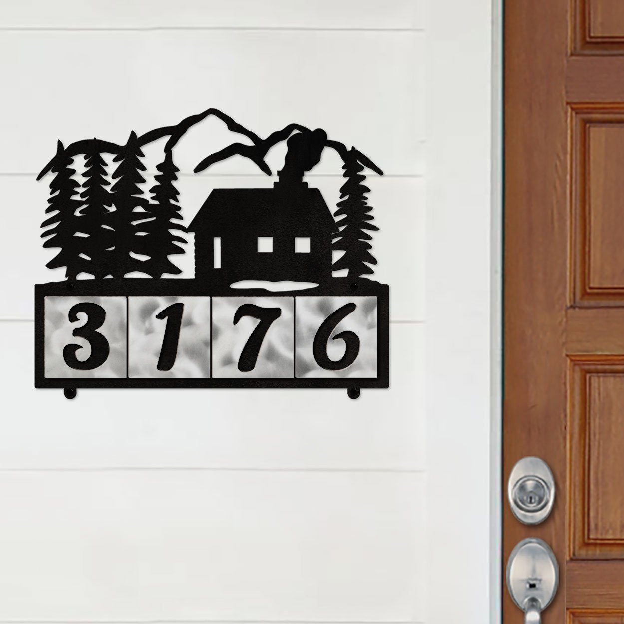 609074 - XL Cabin in the Woods Design 4-Digit Horizontal 6in Tile Outdoor House Numbers
