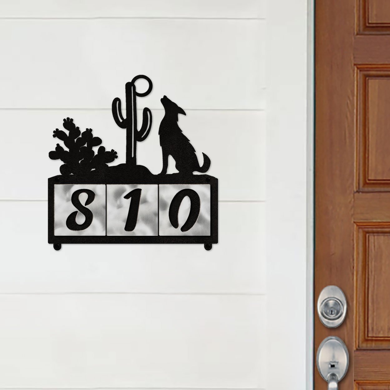 609083 - XL Howling Coyote Design 3-Digit Horizontal 6in Tile Outdoor House Numbers