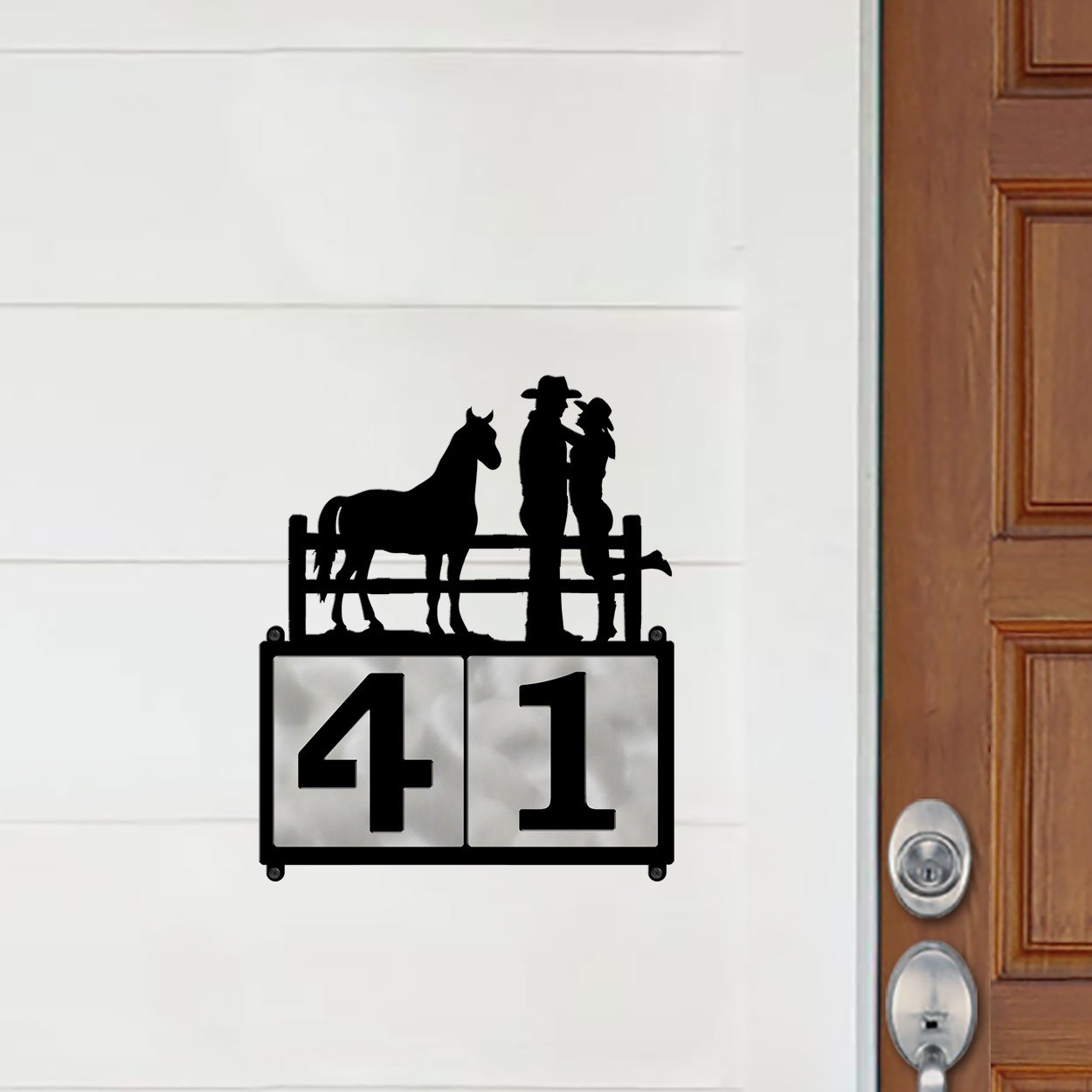 609112 - XL Cowboy Couple with Horse Design 2-Digit Horizontal 6in Tile Outdoor House Numbers