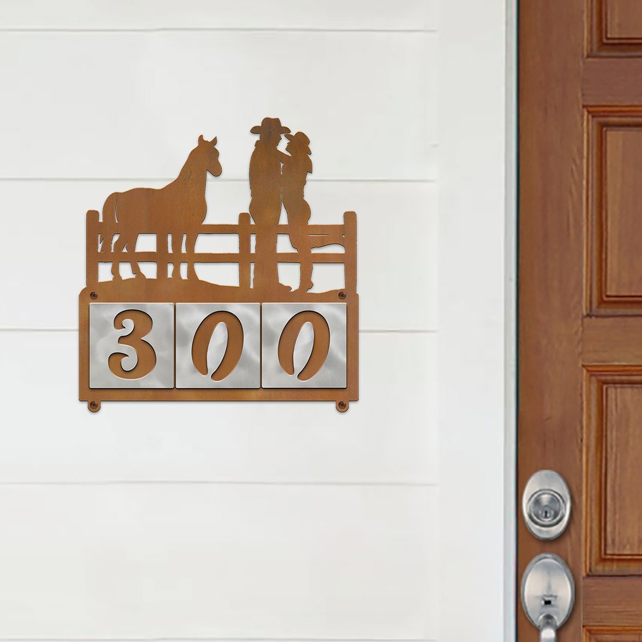 609113 - XL Cowboy Couple with Horse Design 3-Digit Horizontal 6in Tile Outdoor House Numbers