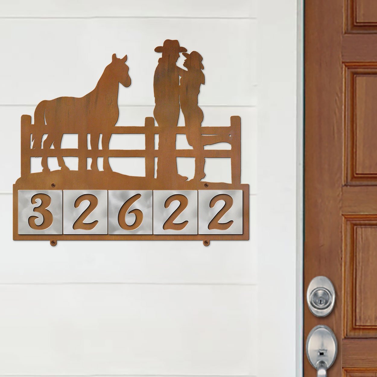 609115 - XL Cowboy Couple with Horse Design 5-Digit Horizontal 6in Tile Outdoor House Numbers
