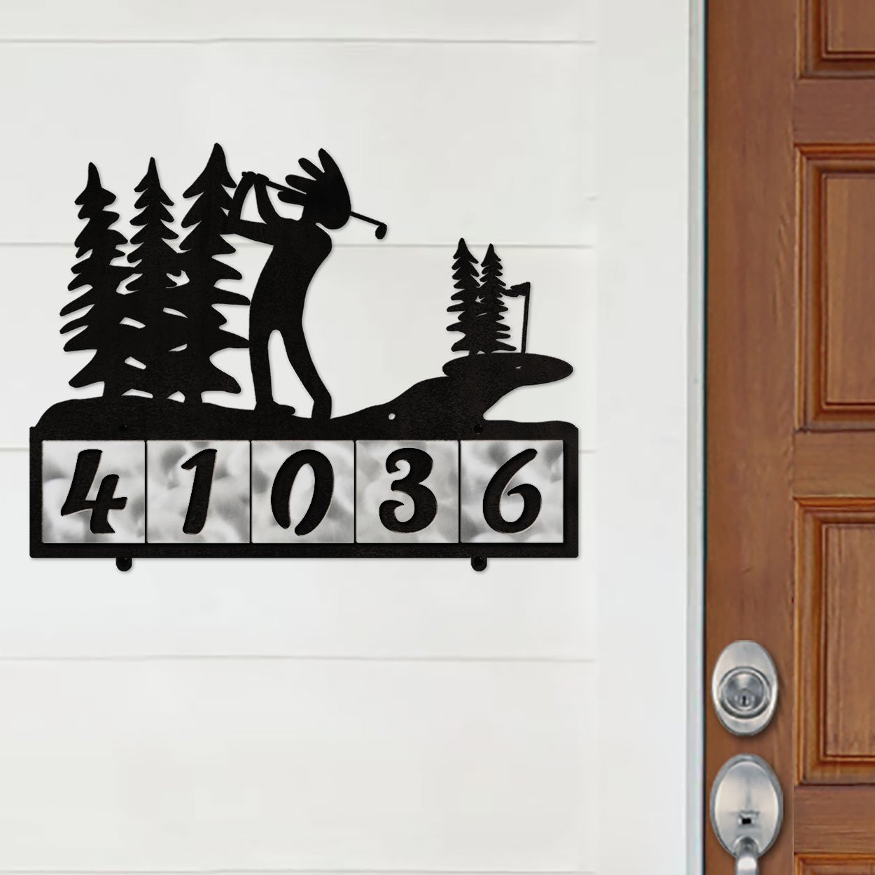609145 - XL Kokopelli Golfer in the Woods Design 5-Digit Horizontal 6in Tile Outdoor House Numbers