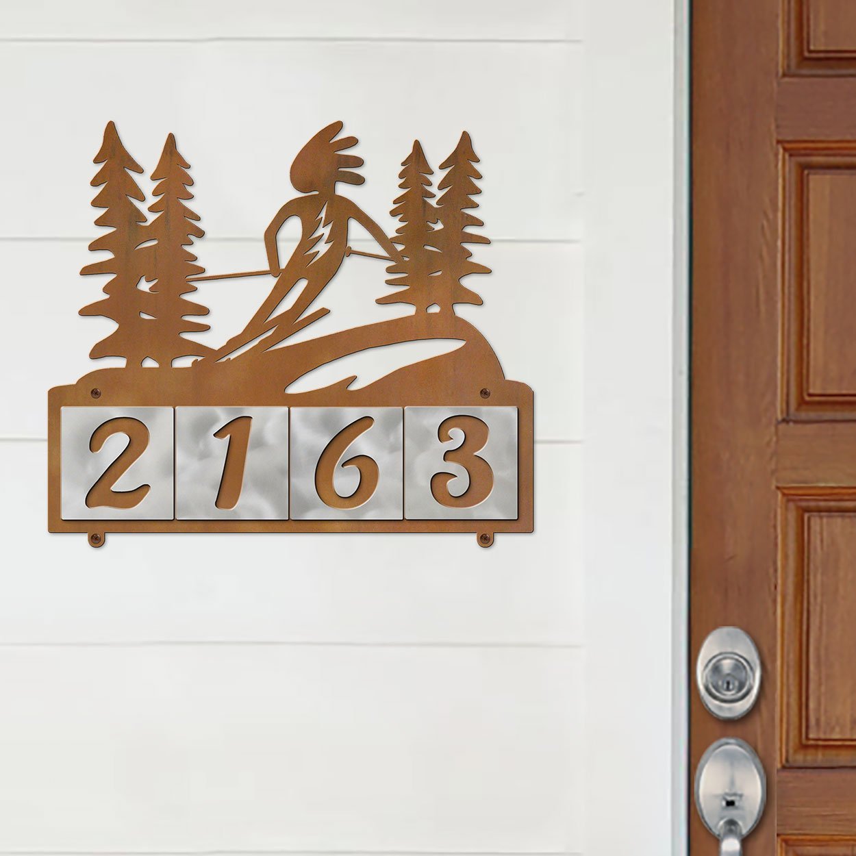 609164 - XL Kokopelli Alpine Skier Design 4-Digit Horizontal 6in Tile Outdoor House Numbers