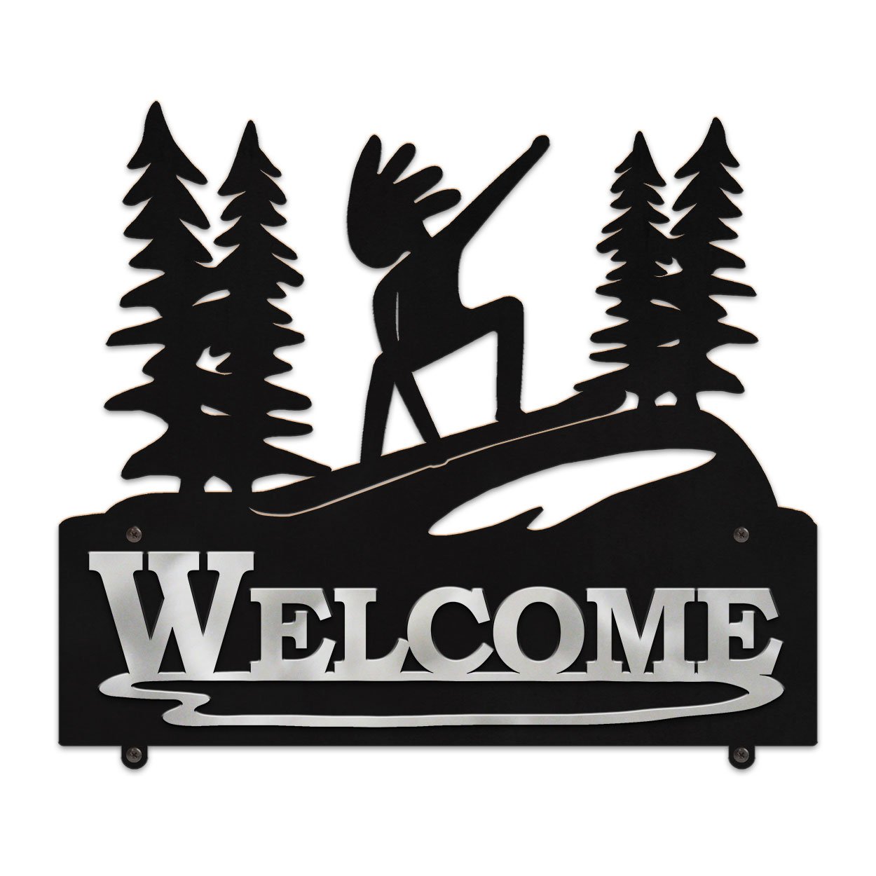 609178 - 25in W Snowboarding Kokopelli Horizontal Metal Welcome Sign