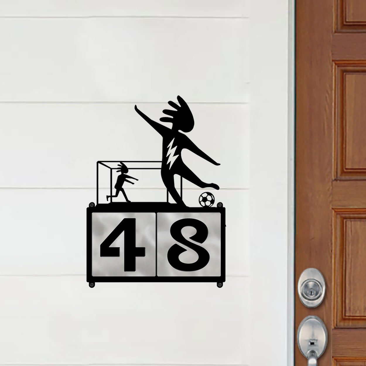 609192 - XL Kokopelli Soccer Player and Goalie Design 2-Digit Horizontal 6in Tile Outdoor House Numbers