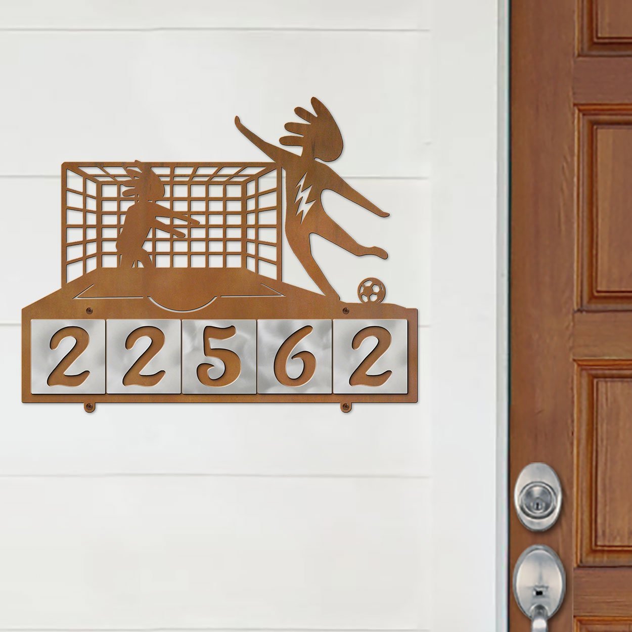 609195 - XL Kokopelli Soccer Player and Goalie Design 5-Digit Horizontal 6in Tile Outdoor House Numbers