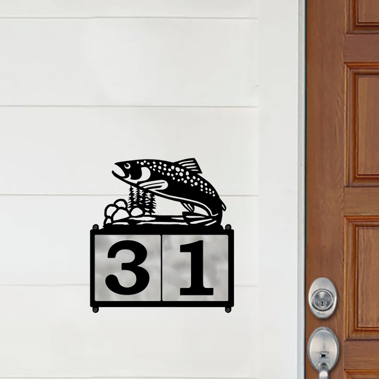 609252 - XL Jumping Trout in Stream Design 2-Digit Horizontal 6in Tile Outdoor House Numbers