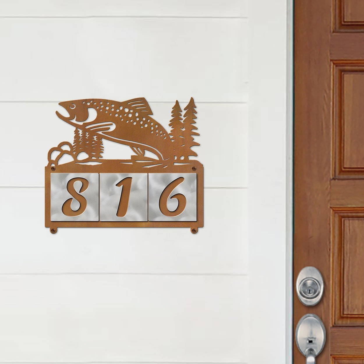 609253 - XL Jumping Trout in Stream Design 3-Digit Horizontal 6in Tile Outdoor House Numbers