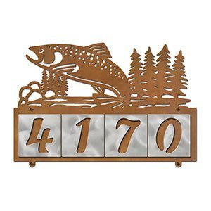 609254 - XL Jumping Trout in Stream Design 4-Digit Horizontal 6in Tile Outdoor House Numbers