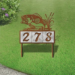 610003 - Jumping Bass in Reeds Design 3-Digit Horizontal 6-inch Tile Outdoor House Numbers Yard Sign