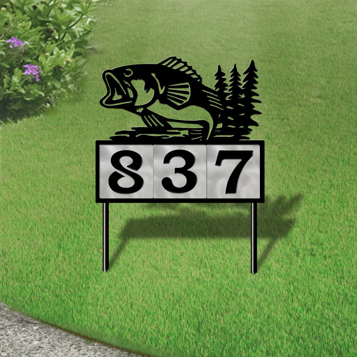 610013 - Jumping Bass with Trees Design 3-Digit Horizontal 6-inch Tile Outdoor House Numbers Yard Sign